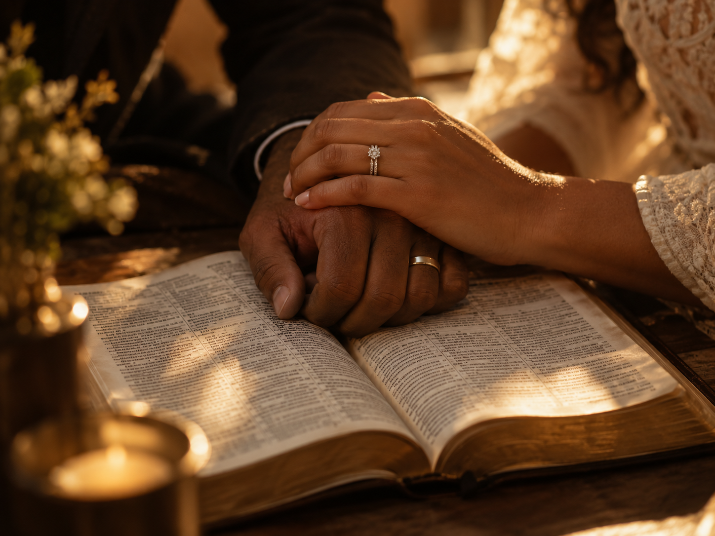 Mãos de um casal unidas sobre uma Bíblia aberta, em oração