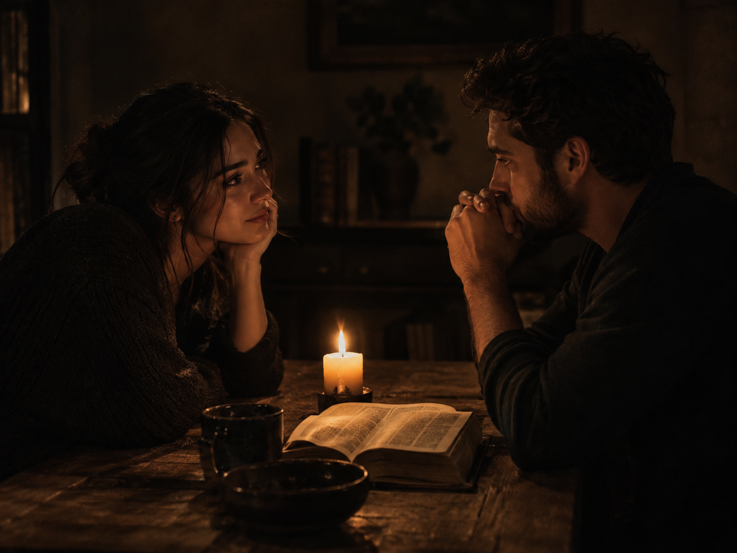 Casal conversando à luz de vela com uma Bíblia aberta sobre a mesa