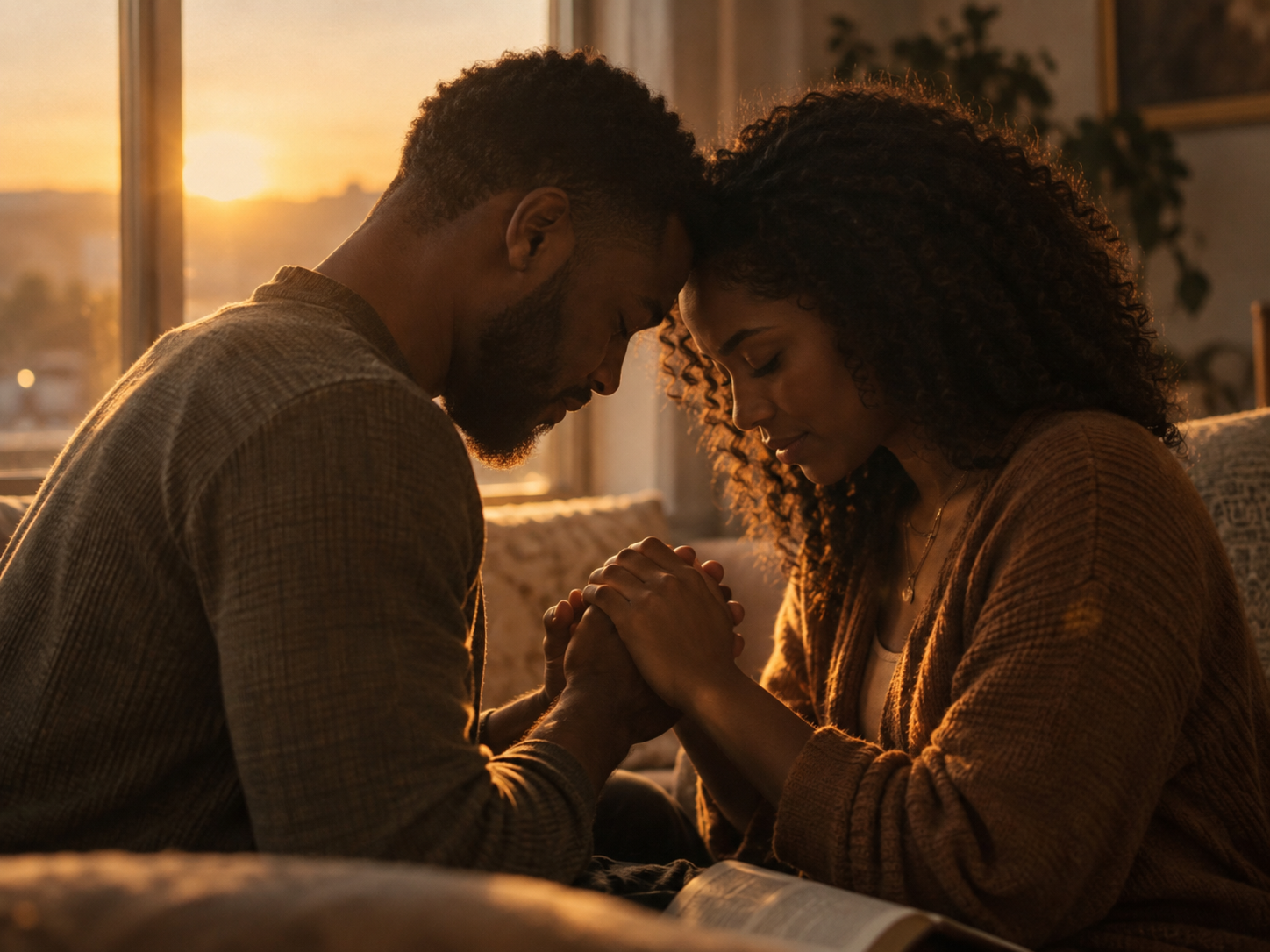 Casal de mãos dadas orando juntos, luz suave do entardecer
