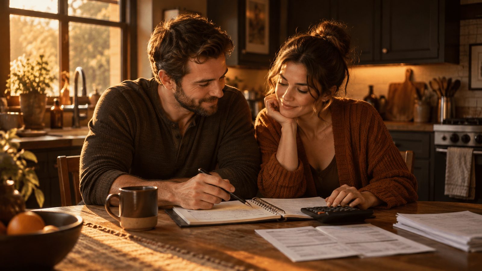 Casal revisando o orçamento doméstico juntos à mesa