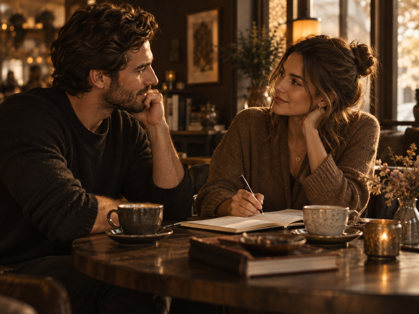 Casal conversando calmamente sobre finanças com um caderno aberto à mesa