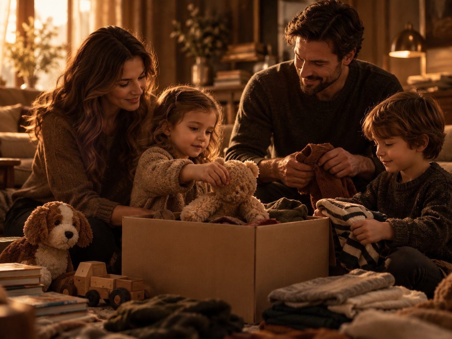 Família separando brinquedos e roupas para doação juntos em casa