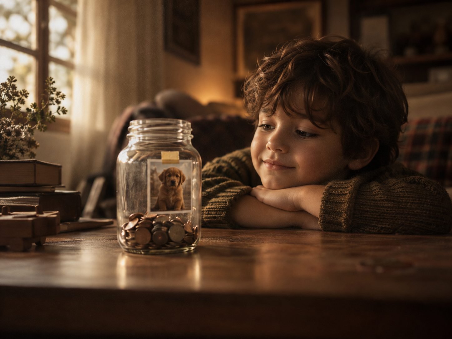 Criança observando um potinho de poupança com a foto de um brinquedo desejado colada nele
