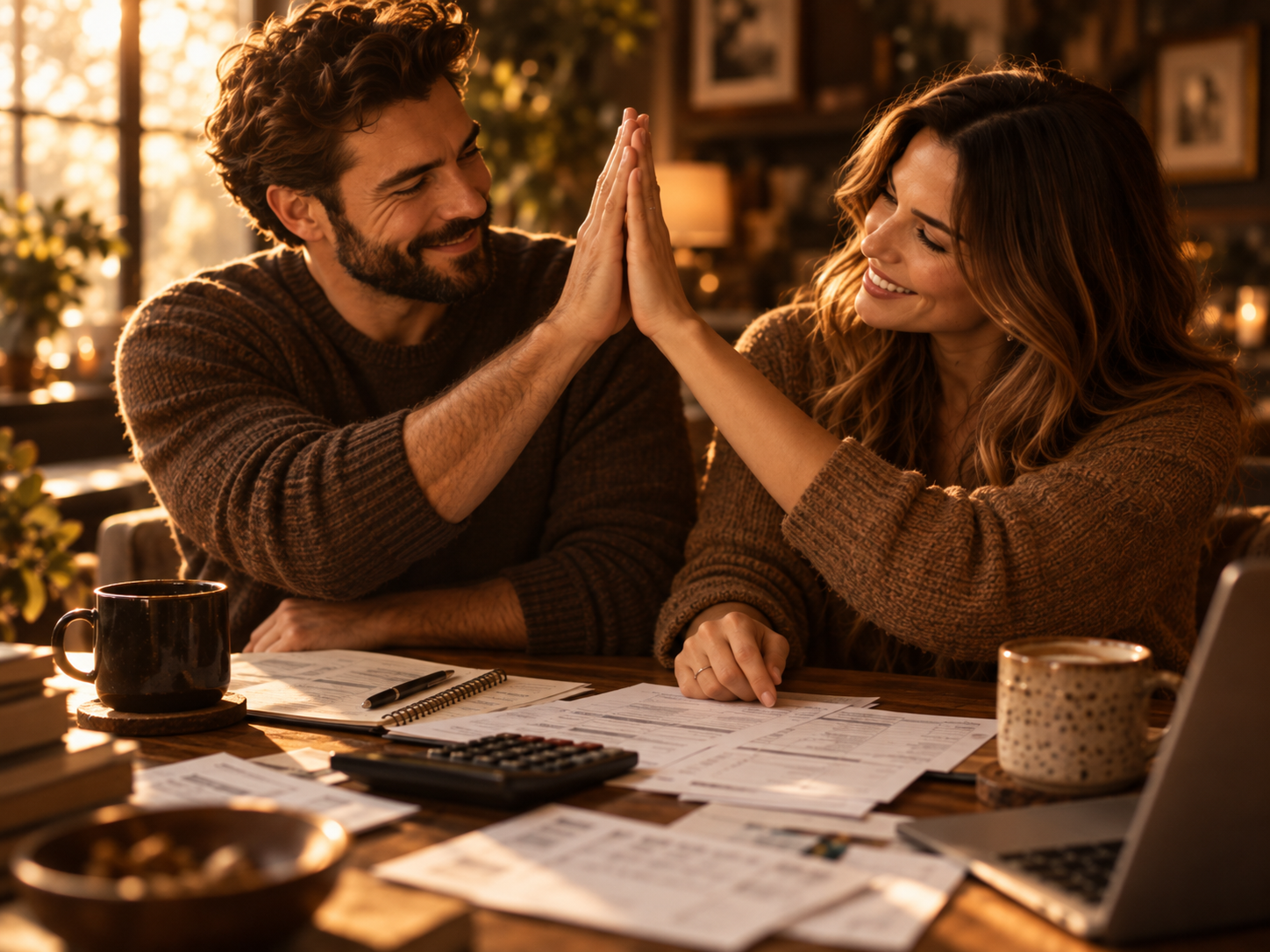 Casal sorrindo e comemorando com as mãos sobre a mesa cheia de papéis de orçamento