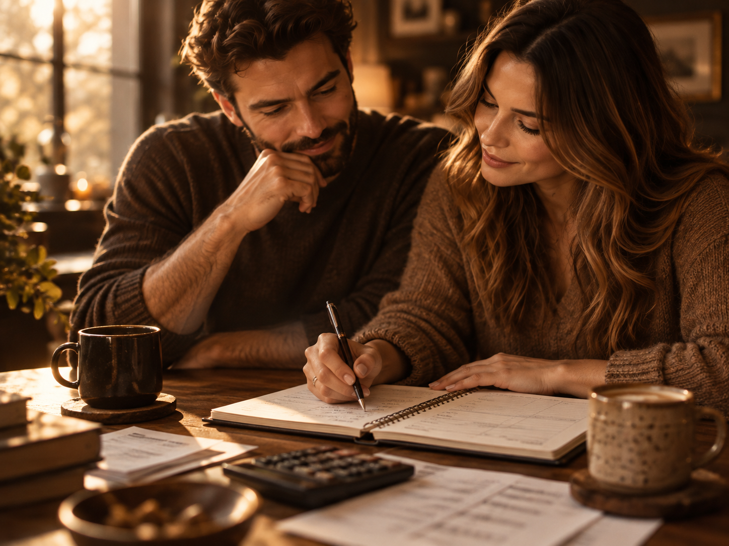 Mãos escrevendo em um caderno de planejamento financeiro, com uma xícara de café ao lado