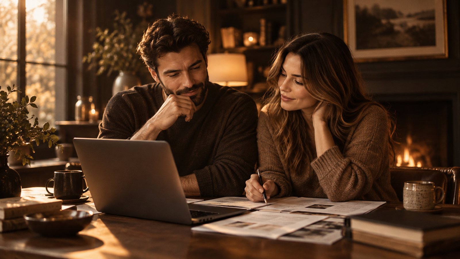 Casal planejando as finanças juntos em uma mesa de escritório em casa, com laptop e papéis