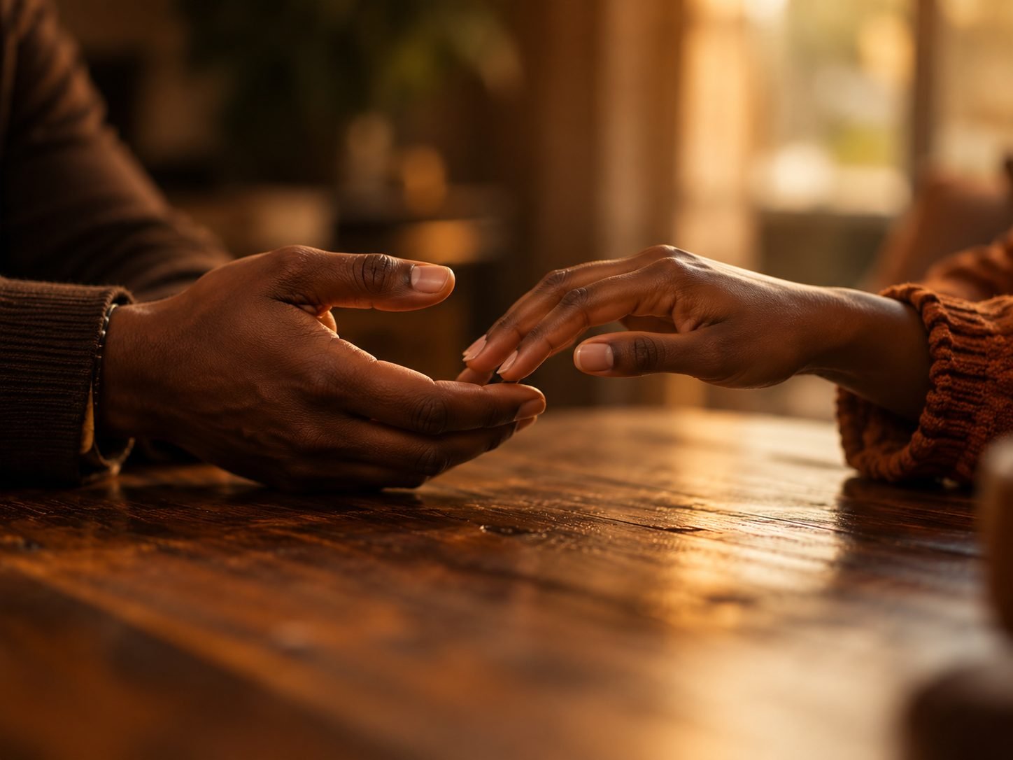Mãos de um casal se aproximando lentamente sobre uma mesa de madeira